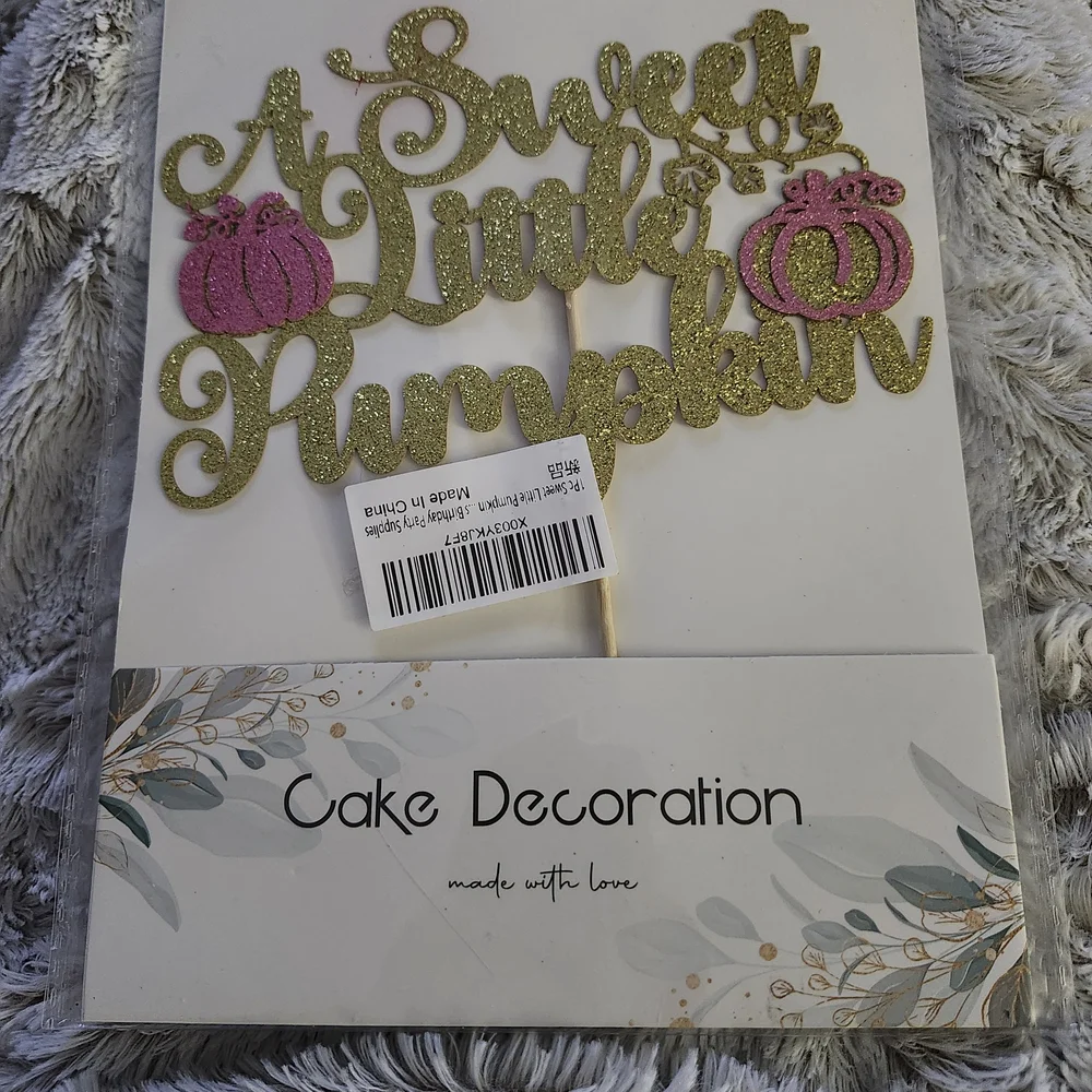 Cake Decoration 'A Sweet Little Pumpkin' Glitter Topper - Gold and Pink